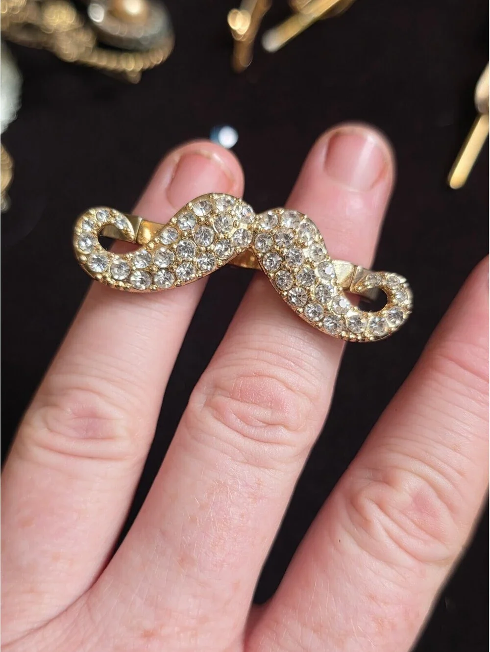 Y2k Novelty Rhinestone Handlebar Mustache Gold Tone Two-Finger Ring Stretch
